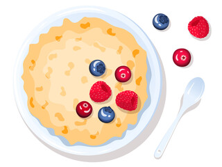 Bowl with oat porridge and berries, spoon near. Raspberry, blueberry and cranberry. Breakfast, healthy food, dieting concept. Isolated vector illustration for flyer, poster, banner.