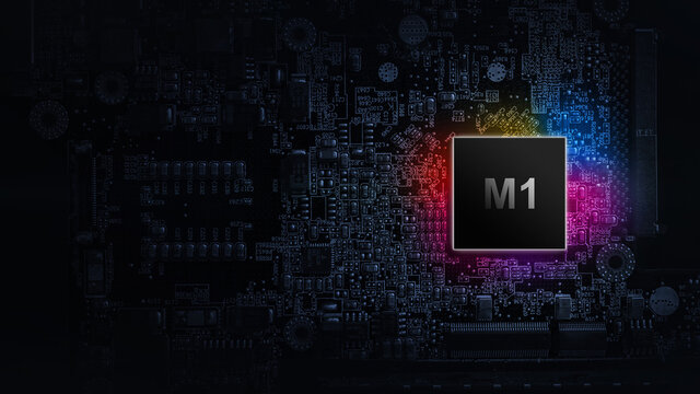 M1 processor chip. Network digital technology with computer cpu chip on dark motherboard background. Protect personal data and privacy from hacker cyberattack.