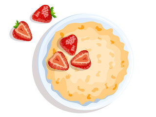 Bowl with oat porridge and strawberries. Breakfast, healthy food, dieting concept. Isolated vector illustration for flyer, poster, banner.