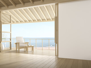 Obraz premium 3d rendering of modern luxury room with wooden chair on sea background, Large window and door.