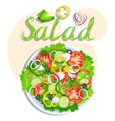Fresh vegetable salad. Vegetables, healthy eating, dieting concept. Isolated vector illustration for banner, poster, flyer.