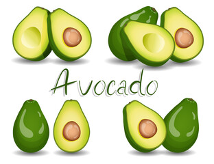 Avocado. Whole avocado and avocado in cut. Fruits, healthy eating, dieting concept. Isolated vector illustration.