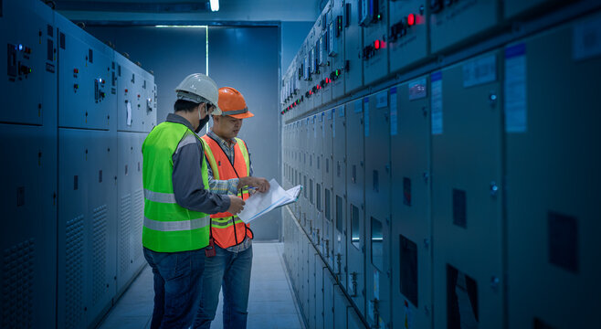 engineer checking and inspecting at MDB panel .he working with electric switchboard to check range of voltage working in Main Distribution Boards factory.	