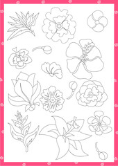 Children's coloring page for preschool children. Set of flowers. Can be used in a book, magazine.