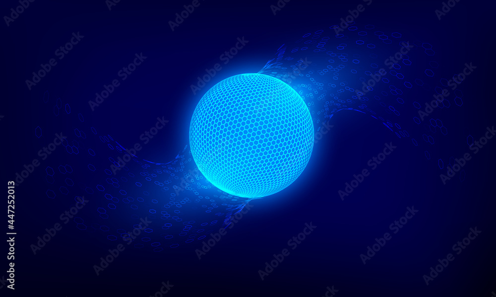 Poster abstract blue network sphere. sci fi technology background. digital cyberspace planet surface. vecto