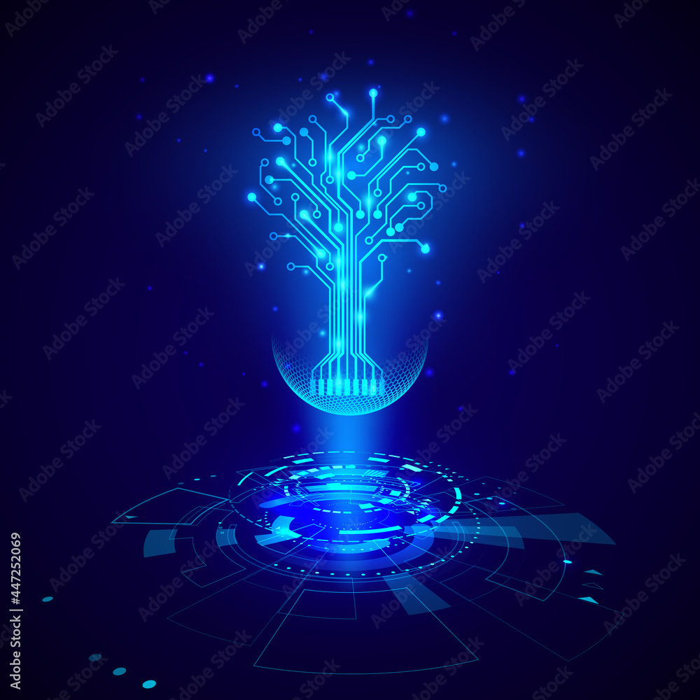 Poster Futuristic HUD elements. Abstract hi-tech circles with circuit tree hologram elements virtual reality. Sci fi futuristic User Interface. Vector