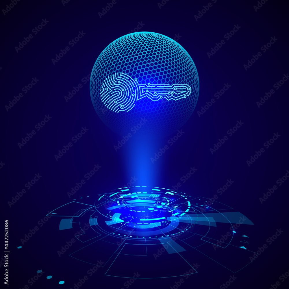 Poster hologram of circuit key fingerprint. futuristic hud elements. sci fi futuristic user interface. vect
