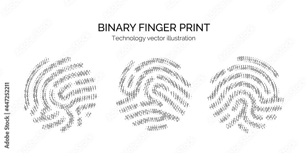 Poster Set of binary code fingerprint on white backgroun. Digital key for software identification. Biometric id. Fingerprint scanner in futuristic technology system. Vector