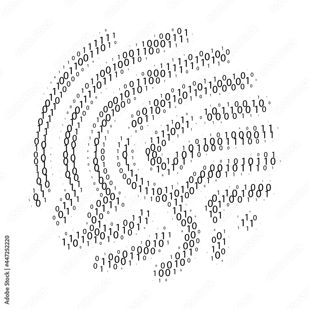 Poster Binary code by fingerprint shape. Set of zero and one digits. Cyber security technology. Digital verification information. Black digits on white background. Vector