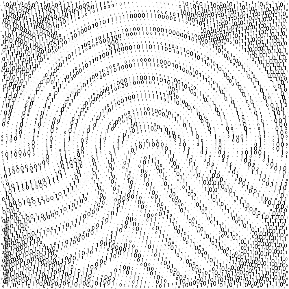 Poster Binary code by fingerprint shape. Cyber security technology. Digital verification information. Set of zero and one digits. Black digits on white background. Vector