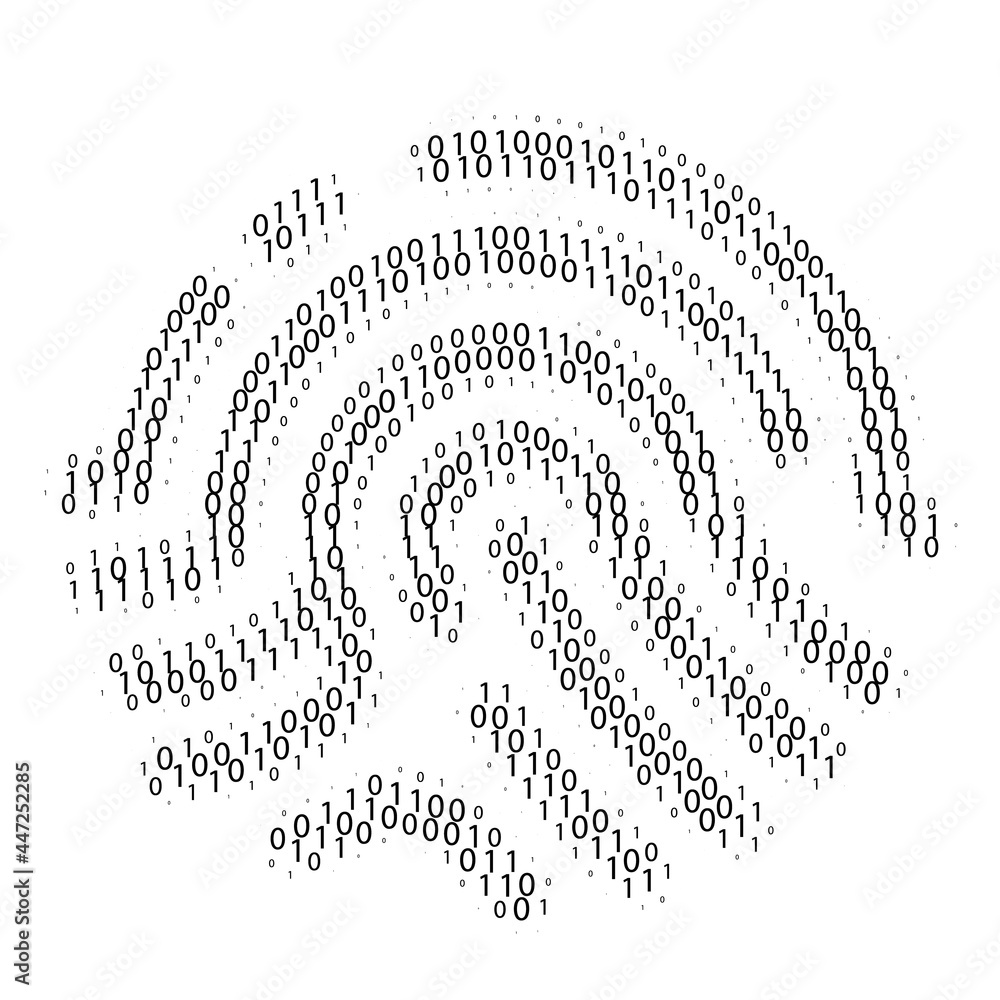 Poster Fingerprint binary code. Data access or verification. Digital identification. Vector