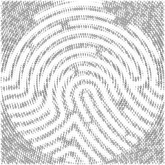 Binary code by fingerprint shape. Cyber security technology. Digital verification information. Set of zero and one digits. Black digits on white background. Vector