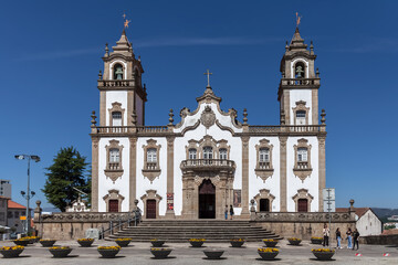 View at the front facade of Church of Mercy, Igreja da Misericordia baroque style monument, architectural icon of the city of Viseu, in Portugal - obrazy, fototapety, plakaty