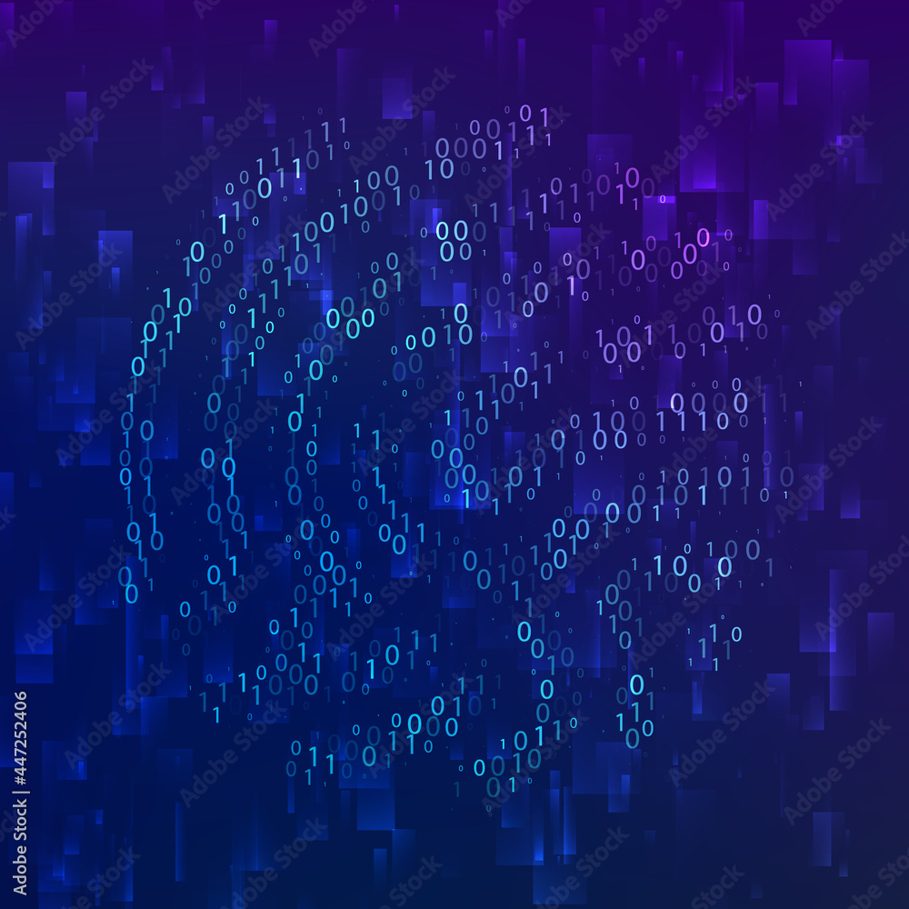 Poster Binary code fingerprint biometric id. Digital key for software identification. Fingerprint scanner in futuristic technology system. Vector
