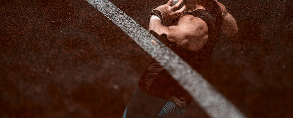 Sportsman practising shot put. Double exposure. Professional sport concept. Horizontal sport poster, greeting cards, headers, website © Augustas Cetkauskas