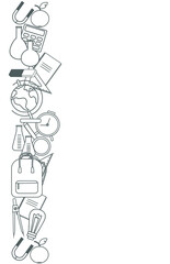 Vertical  banner of school supplies. Doodle objects calculator, globe, rulers, notebooks, textbooks, magnifying glass, test tubes, eraser, compasses. Panorama. Template for the cover. iso