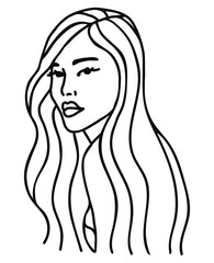 Young beautiful woman with long hair, line art, black and white avatar, portrait for laser cutting. Stock vector illustration isolated on white background.
