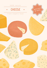 Swiss or French cheese vector flat poster concept. Gouda, Parmesan, Brie, Roquefort or Maasdam cheese.