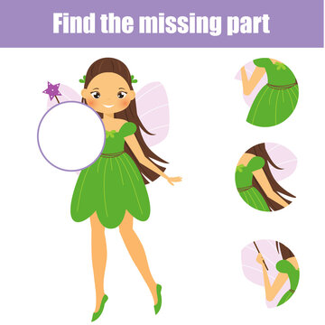 Elf fairy girl. Puzzle for toddlers. Find missing part of picture. Educational game for children and kids