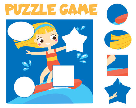 Girl on surfboard. Puzzle for toddlers. Match pieces and complete picture. Educational game for children