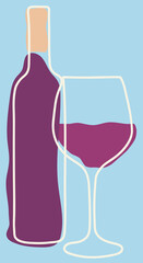 Wine bottle with a glass filled with wine, with blue background, vector.