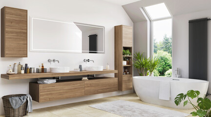 Beautiful modern bathroom with two sinks and a bathtub - 447254607