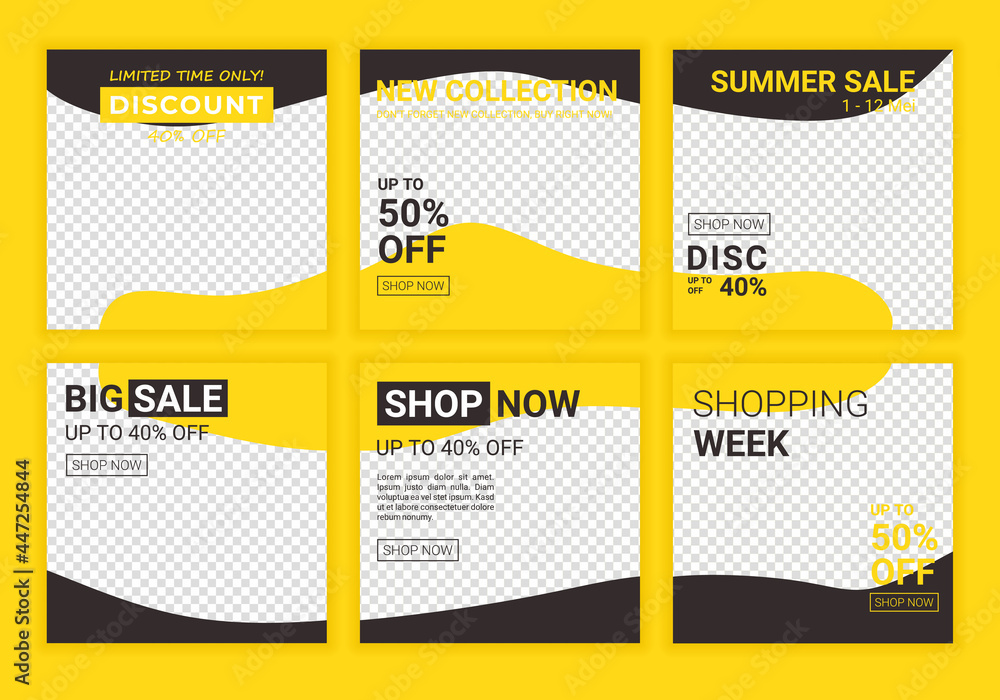 Poster set of editable modern template. black and yellow background color with stripe line shape. discount 