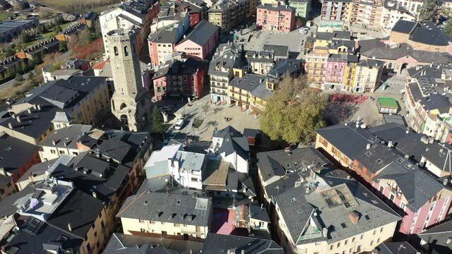 top view of landscape with houses and tower in Puigcerda in Spain