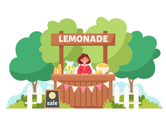 Little girl selling cold lemonade in lemonade stand. Summer time. Vector illustration - obrazy, fototapety, plakaty