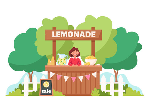 Little girl selling cold lemonade in lemonade stand. Summer time. Vector illustration