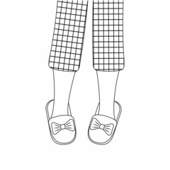 Legs of girls in pajamas and slippers, black outline, isolated vector illustration in the flat style