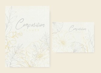 Contour sketches of plants with a golden outline frame template for printing