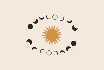 Hand drawn vector abstract stock flat graphic illustration with logo element,bohemian astrology magic minimalistic art of mystic moon phases silhouettes and sun in circle,simple style for branding.