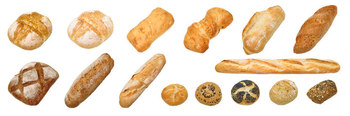 bread and  bakery whole grain bread, ciabatta, brown homemade, baguette, etc. isolated on white background with work path.