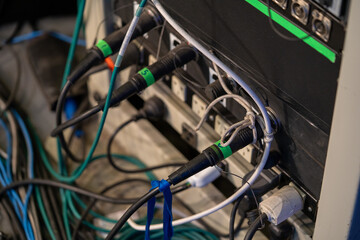 Closeup shot of optic broadcast camera signal cables