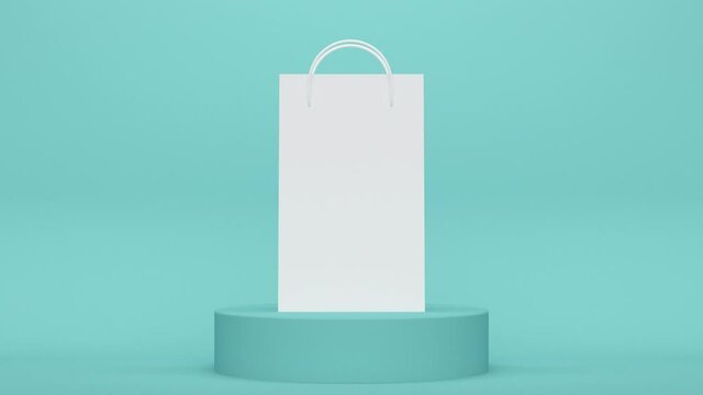 3D Mockup of an empty shopping bag on a blue podium. Minimal modern motion design. Abstract animation.