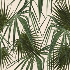 Fashionable seamless tropical pattern with green tropical fan palm leaves on a beige background. Beautiful exotic plants. Trendy summer Hawaii print. 