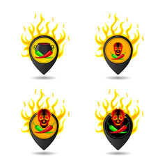 Hot peppers. Peppers on the background of a cauldron, fire, skull. Trendy concept. Geolocation sign