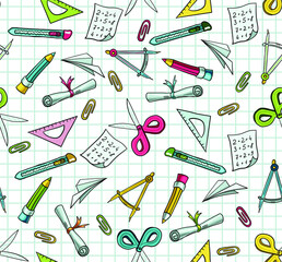 Seamless vector pattern with school supplies for study and creativity. Hand drawn ruler, pencil, scissors, paper clips, paper, knife. Stationery for children and adults. Background about school 
