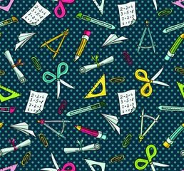 Seamless vector pattern with school supplies for study and creativity. Hand drawn ruler, pencil, scissors, paper clips, paper, knife. Stationery for children and adults. Background about school 