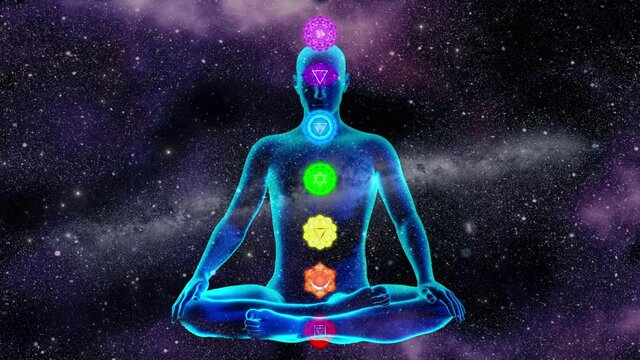 A yogi transparent body silhouette with seven animated chakras on the space galaxy background with moving stars