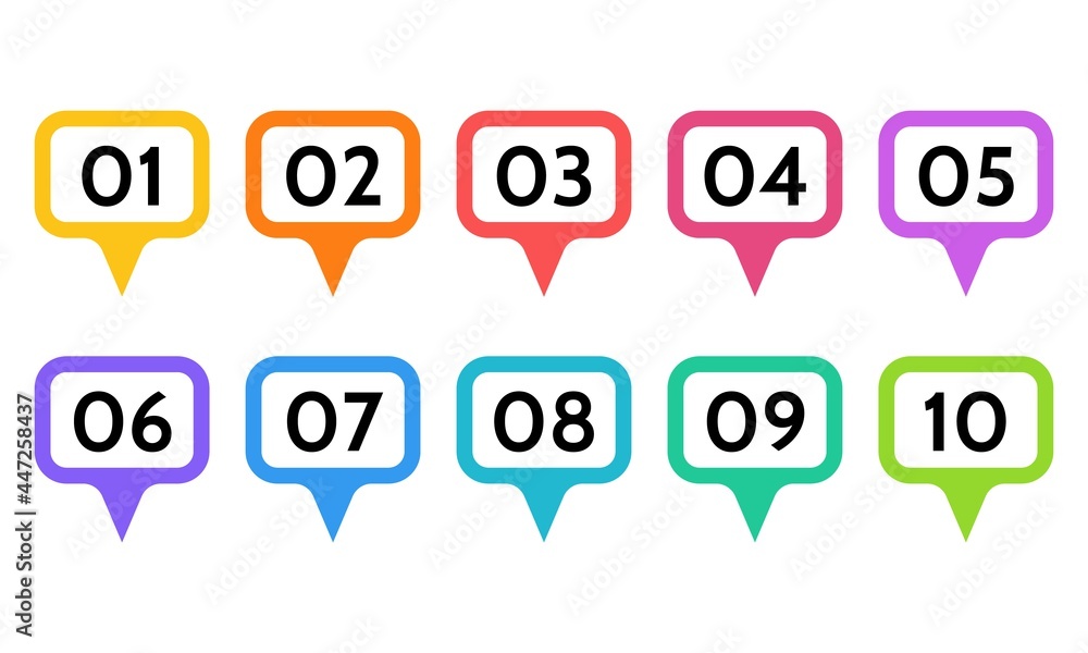 Aufkleber bullet points, info markers. icon arrow set. number flags 1 to 10 flat design list, button, isolated