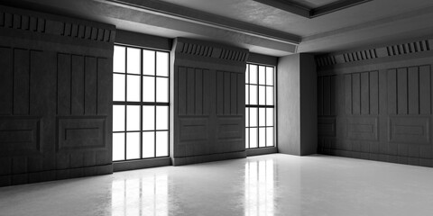 empty classic dark room with big windows and day light with marble glossy floor 3d render illustration