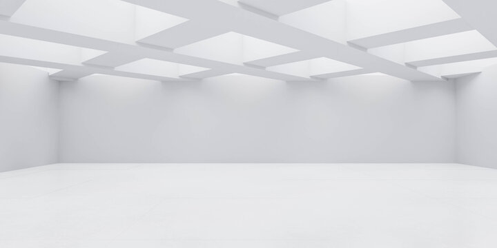 Abstract white studio building interior with open ceiling 3d render illustration