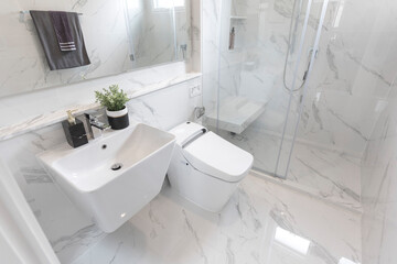 Modern white marble sink and lavatory in a luxurious bathroom.