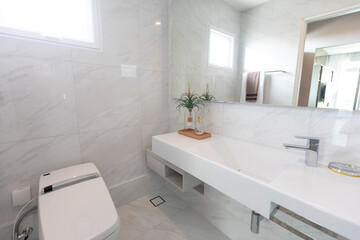 Modern white marble sink and lavatory in a luxurious bathroom.