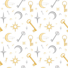 Seamless pattern in gray and yellow colors with stars, crescents and keys.