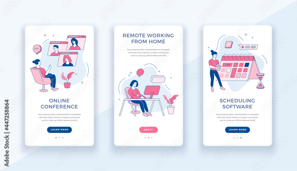 Poster online work from home banner. digital conferences and freelancing with orders. developing applicatio