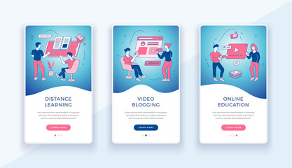 Distance learning and education banner. Online knowledge acquisition with video tutorials. Professional educational blogging with academics and educators. Vector linear flat template
