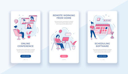 Online work from home banner. Digital conferences and freelancing with orders. Developing application for remote work with efficiency. Meeting deadline during pandemic. Vector linear flat template